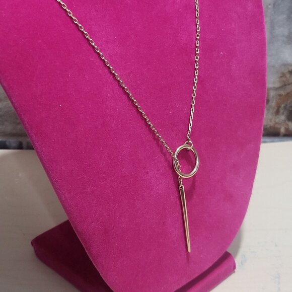 Gold Toned Chain Toggle Clasp Pendant Long Bar Circle Necklace - Picture 6 of 9